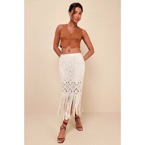 Lulus Enviable Summer Ivory Crochet Fringe Midi Skirt Beige - Size S